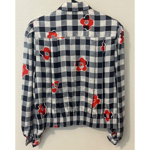 Vintage Anne Klein Women's Black White Gingham Checkered Blouse Red Poppy Size 8 - Picture 2 of 9